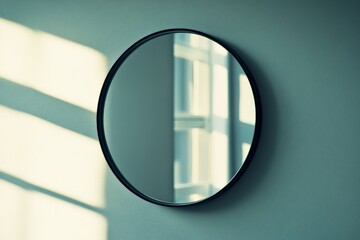 Aufkleber - A photograph capturing a simple, round mirror hanging on a wall, reflecting softly patterned light from a nearby window, creating an elegant minimalist composition.