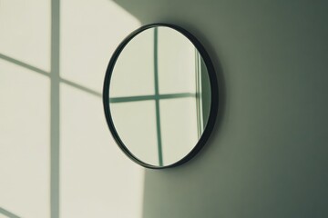 Poster - A circular mirror presents a reflection of a window casting a geometric grid of shadows across the smooth wall, creating a harmonious aesthetic design statement.