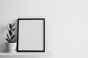 Poster - Minimalist decor with a black framed empty picture frame placed on a white shelf, offering a clean and modern aesthetic look for a serene setting.