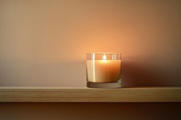 Aufkleber - A candle in a glass holder sits glowing on a minimal wooden shelf, filling the space with warm, atmospheric lighting, perfect for relaxation and tranquility.