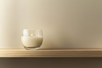 Aufkleber - A single white candle sits elegantly on a wooden shelf, illuminated by warm ambient lighting ideal for creating a serene and calming atmosphere in any setting.