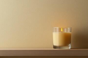 Aufkleber - A lit candle rests on a light wooden shelf, radiating a gentle, peaceful glow that enhances the serene ambiance of the surrounding space in a minimalist style.
