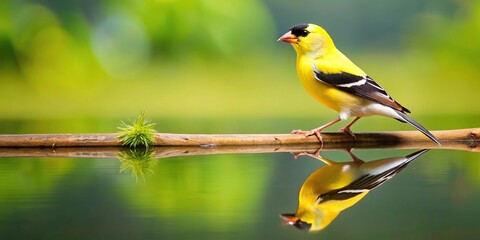 Wall Mural - American Goldfinch perched on a branch in summer reflected in the water