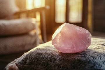 Aufkleber - A large piece of rose quartz crystal sits on a textured fabric in a warmly lit setting, representing emotional healing and beauty, captured in soft natural light.