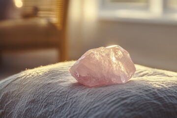 Poster - A beautifully textured raw rose quartz crystal placed gently on a soft, light-colored fabric surface, basking in warm natural daylight from a nearby window.