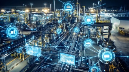Poster - industrial facility at night with digital overlays illustrating automation and connectivity in a man