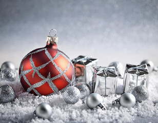 Silver Merry Christmas banner with ornaments