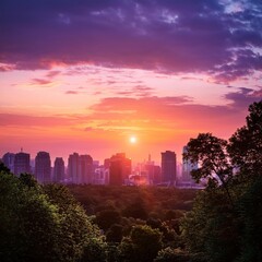 el sol se pone sobre una gran ciudad rodeada de arboles creando un contraste entre la naturaleza y el paisaje urbano los tonos rosados y morados del cielo llenan la escena de calidez y serenidad