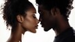 © InfiniteStudio - A romantic black couple sharing a tender kiss while gazing into each other's eyes on a soft white background