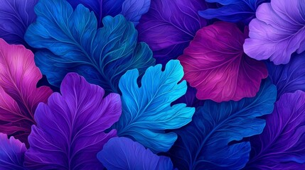 Abstract background with vibrant blue, purple, and pink leaves.