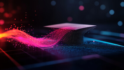 Poster - Abstract digital art featuring flowing wave of bright lines and dots, creating dynamic visual effect. vibrant colors and patterns evoke sense of movement and energy