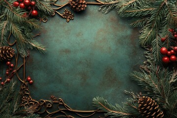 a festive christmas letter or menu frame adorned with evergreen branches, pinecones, and red berries