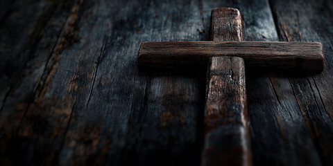 Wall Mural - Old wooden cross resting on rustic wooden surface