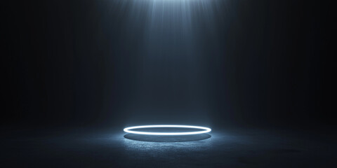 Poster - Empty illuminated podium spotlighted in dark room for award ceremony or product presentation