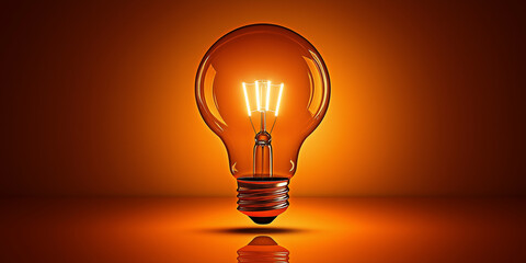 Poster - Bright light bulb shining on orange background symbolizing innovation and creativity