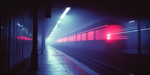 Aufkleber - Futuristic subway train passing through foggy underground station with neon lights