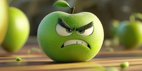Poster - Green apple showing angry face expression on wooden table