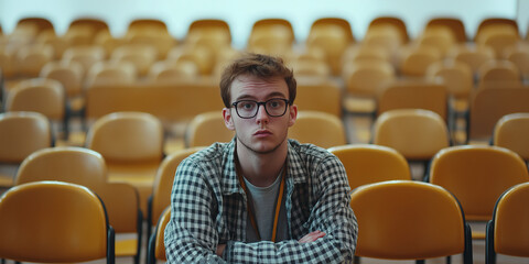 Poster - Bored student sitting alone in lecture hall waiting for class to begin