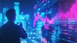 © NOPPHINAN - Man analyzing stock market data and financial graphs on a large digital screen, with vibrant neon lights in the background.