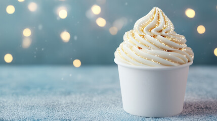 Wall Mural - Festive ice cream cup with sparkling snow and creamy swirls, perfect for celebrations. soft texture and shimmering details create delightful winter treat