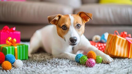 A playful dog surrounded by colorful gifts and decorative balls, resting on a cozy carpet, radiating joy and festive spirit.