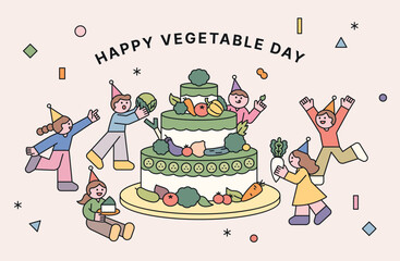 Poster - Happy Vegetable Day. Cute kids are celebrating by making a giant cake out of vegetables. Cuttiny character with outline.