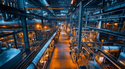 Poster - an extensive view of a modern industrial facility showcasing intricate piping and machinery during n