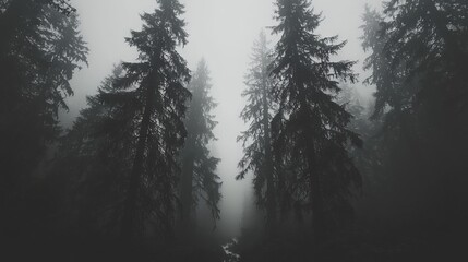  A misty forest scene with tall trees shrouded in fog.