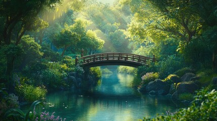 Poster - A bridge crosses a tranquil stream in the heart of a lush forest, bathed in soft sunlight and surrounded by vibrant green foliage