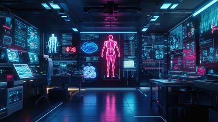 Poster - A futuristic medical lab with glowing body organs displayed, emphasizing innovative healthcare technologies and modern diagnostics