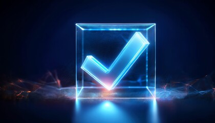 Poster - A glowing checkmark encapsulated in a transparent cube, symbolizing approval or completion in a digital context.