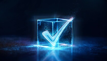 Poster - A glowing blue cube with a check mark, symbolizing verification, approval, or completion.
