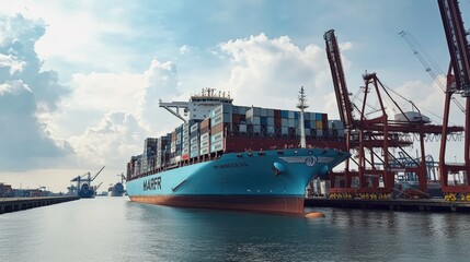 Aufkleber - A large Maersk container ship anchored at the Singapore port, with containers being loaded and unloaded in a busy maritime setting