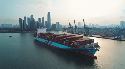 Aufkleber - A Maersk container ship at anchor at Singapore's container terminal, symbolizing global shipping and international trade