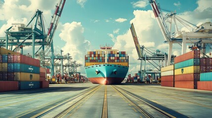 Aufkleber - A Maersk container ship at Singapore container terminal, with bustling activity around it as containers are transferred to and from the ship