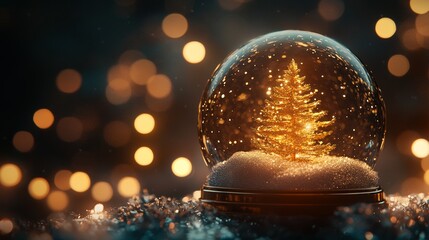 Wall Mural - Enchanting golden tree in a Christmas snow globe with a soft bokeh glow in the background