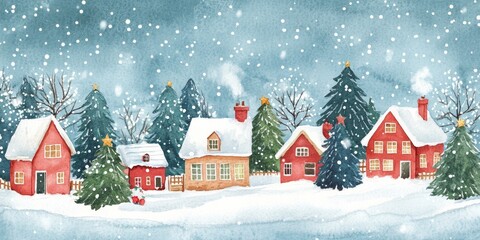 Sticker - A charming snowy Christmas village with cozy houses, towering trees, and fluffy snowflakes creating a festive winter atmosphere