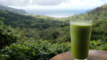 A refreshing green smoothie blending spinach, kale, and avocado, packed with nutrients and antioxidants for a healthy, hydrating drink