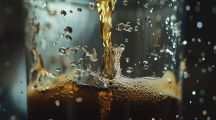 Poster - A slow motion shot of cold brew coffee filtering through glass, with droplets falling into a waiting cup, offering a refreshing and sweet finish