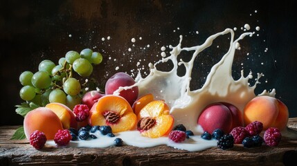 Poster - A splash of milk collides with an array of fresh fruits like peaches, berries, and grapes, against the natural grain of a wooden table