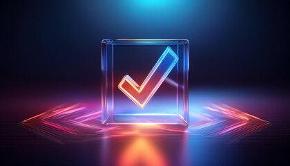 Poster - A glowing checkmark inside a transparent cube emits vibrant blue and orange light, set against a dark background, symbolizing approval or confirmation.