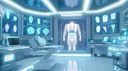 Aufkleber - Futuristic holographic body organs displayed in a clean medical environment, with bright lighting highlighting key internal organs