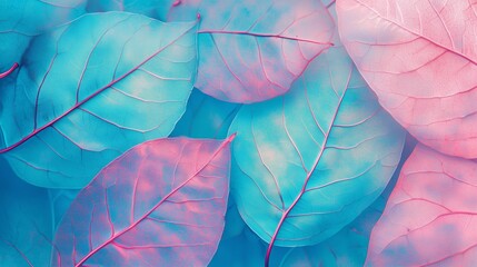 Poster - colorful close-up of vibrant leaves showcasing a gradient of blue and pink hues against a soft backg