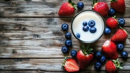 Poster - Juicy strawberries and blueberries splash into fresh milk, creating a striking contrast against a wooden backdrop