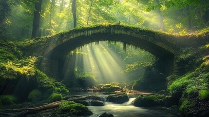 Poster - Sunbeams pierce the forest canopy over a moss-covered bridge, with a stream winding peacefully beneath