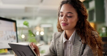 Aufkleber - Business, stylus and woman with tablet, thinking and connection with graphic design. Employee, creativity and worker with tech, internet and ideas for project, problem solving or decision for pitch