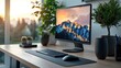 © NOPPHINAN - Stylish desk setup with a desktop computer displaying a mountain landscape, surrounded by indoor plants, creating a calm and inspiring workspace by the window.
