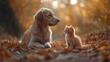 © KADER - Golden Retriever puppy and red kitten joyfully playing together outdoors