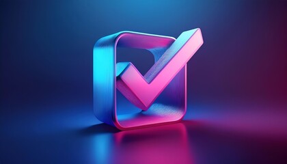 Poster - A vibrant, 3D checkmark symbol enclosed in a square, featuring a glowing pink and blue design on a dark background.