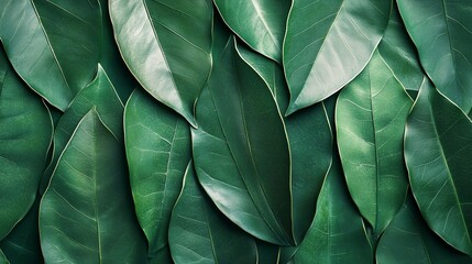 Poster - a closeup of lush green magnolia leaves layered on one another, showcasing their texture and vibrant